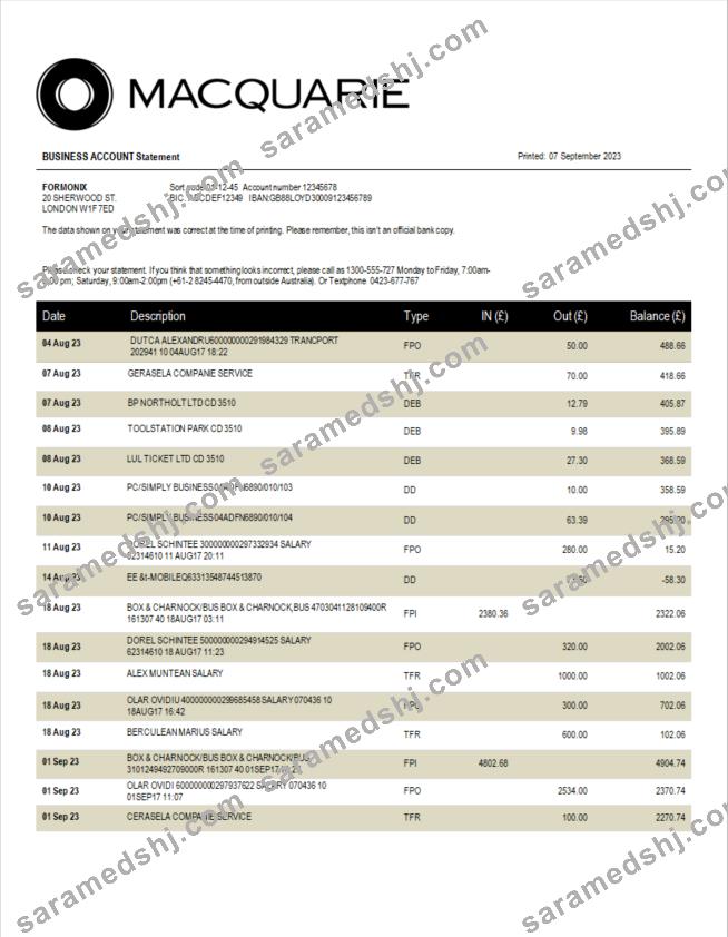 Macquarie Bank enterprise statement Word and PDF template